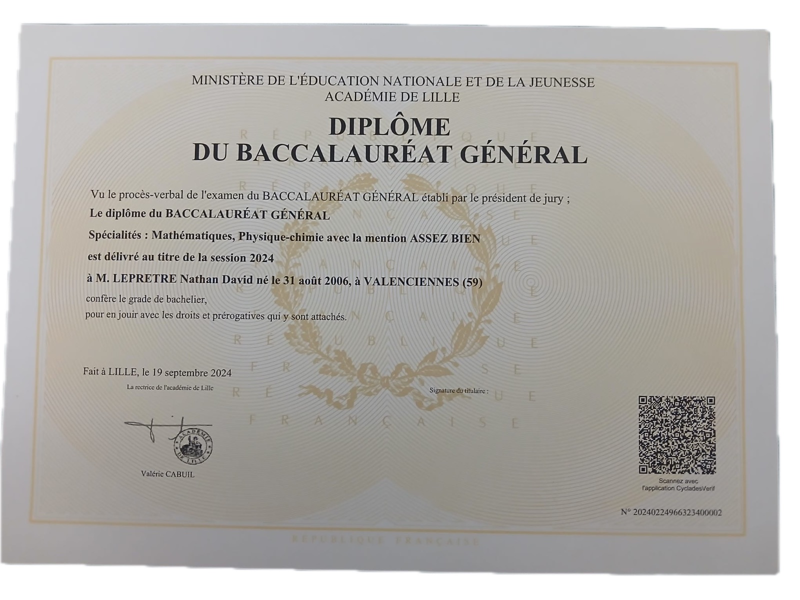 Diplôme du Baccalauréat Général — Nathan Leprêtre, session 2024