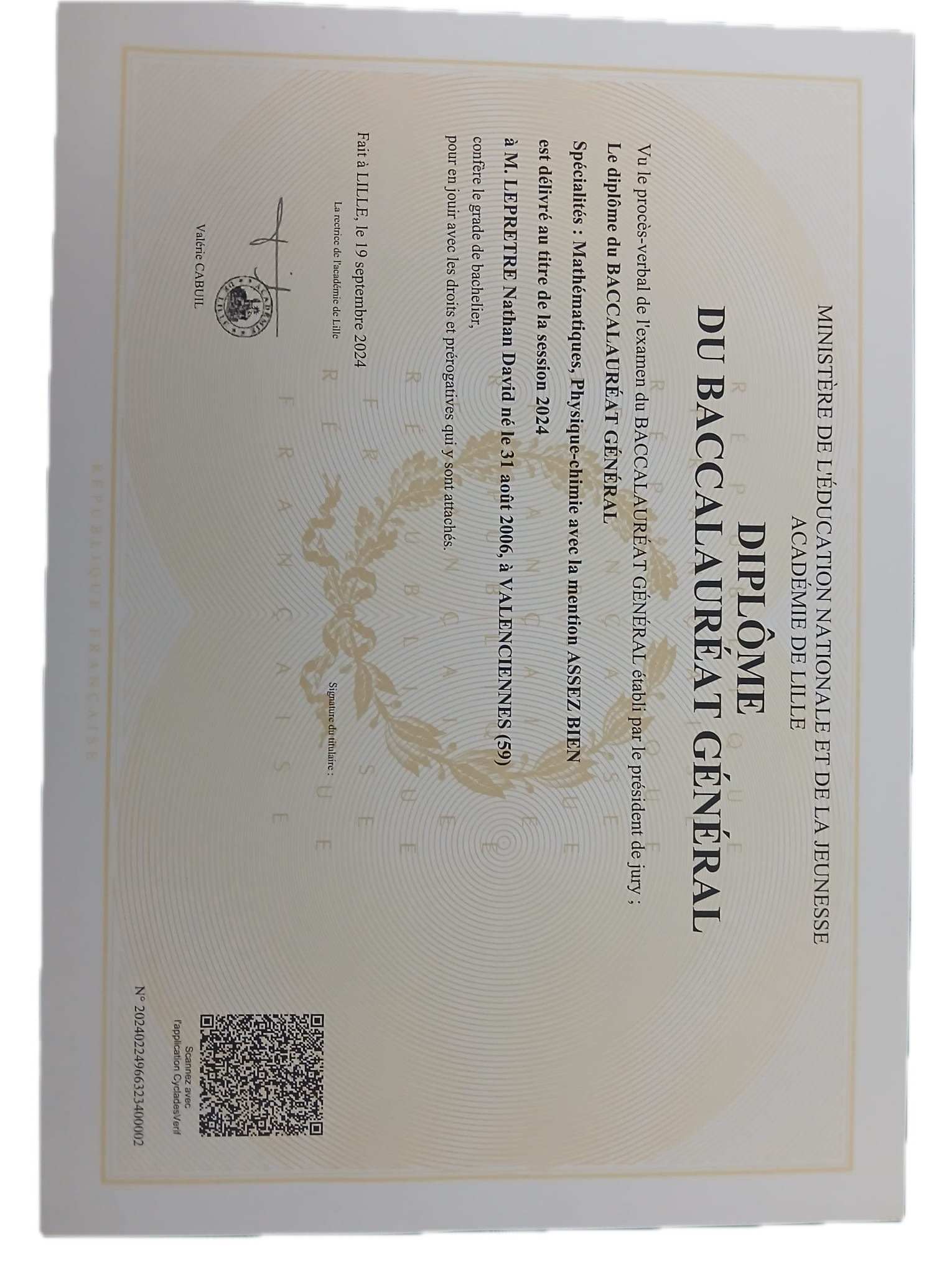 Diplôme du Baccalauréat Général — Nathan Leprêtre