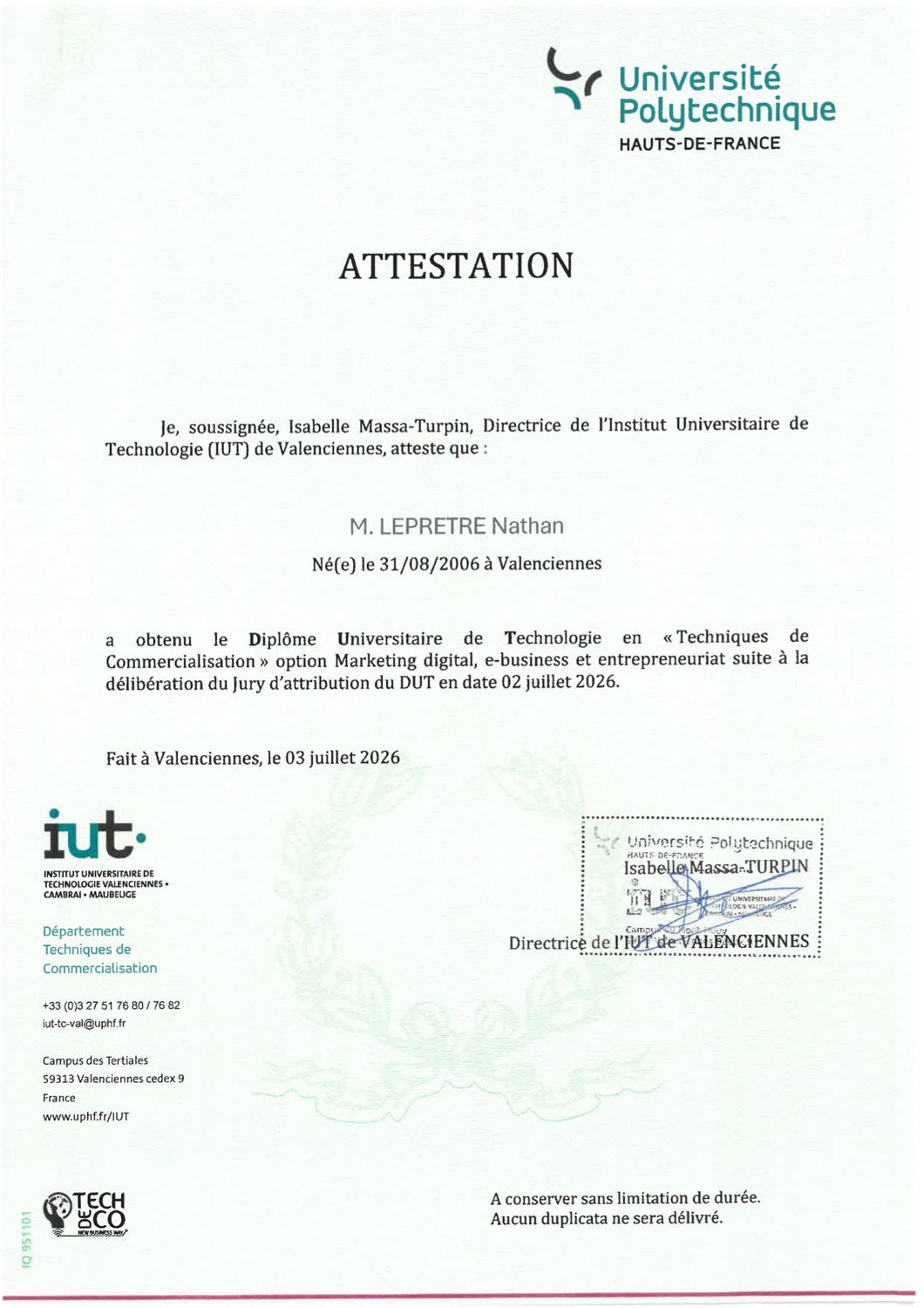 Attestation du DUT Techniques de Commercialisation — Nathan Leprêtre, juillet 2026